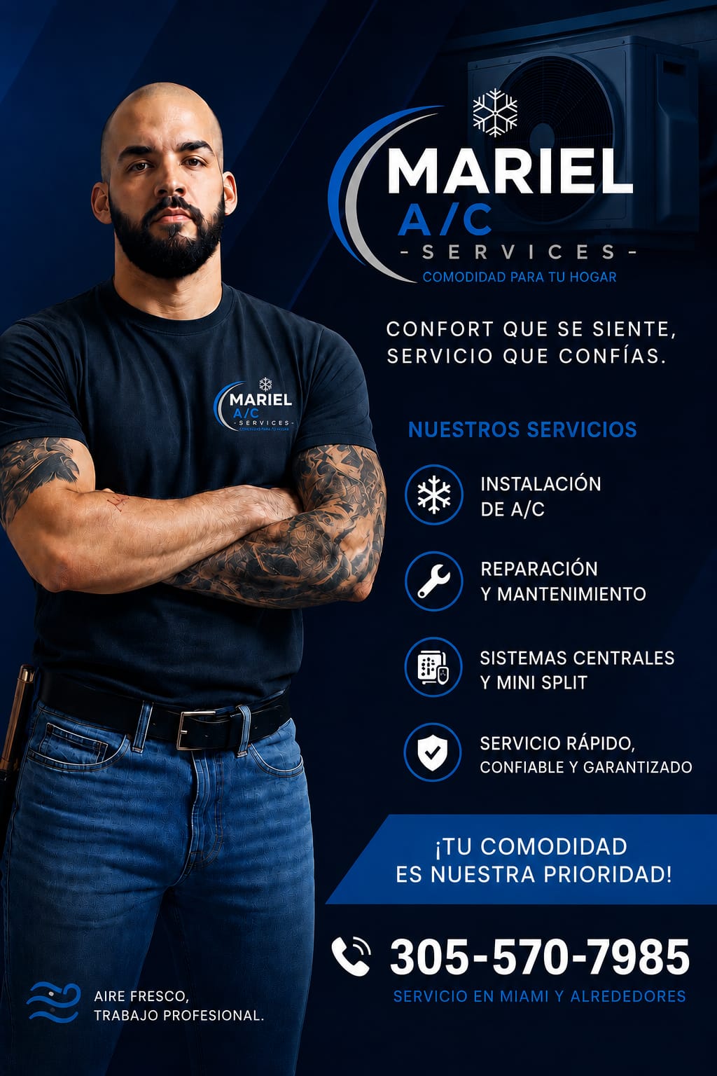 Técnico de Mariel A/C Services con los brazos cruzados junto al logo de la empresa